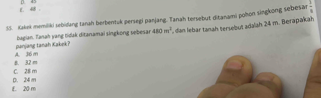 D. 45
E. 48.
55. Kakek memiliki sebidang tanah berbentuk persegi panjang. Tanah tersebut ditanami pohon singkong sebesar  3/8 
bagian. Tanah yang tidak ditanamai singkong sebesar 480m^2 , dan lebar tanah tersebut adalah 24 m. Berapakah
panjang tanah Kakek?
A. 36 m
B. 32 m
C. 28 m
D. 24 m
E. 20 m