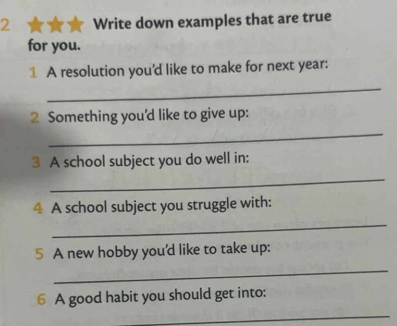 Resuelto:Write down examples that are true for you. 1 A resolution you ...