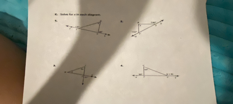 Solve for x in each diagram.
1.
2.
 
 
3.
4.
"
65°