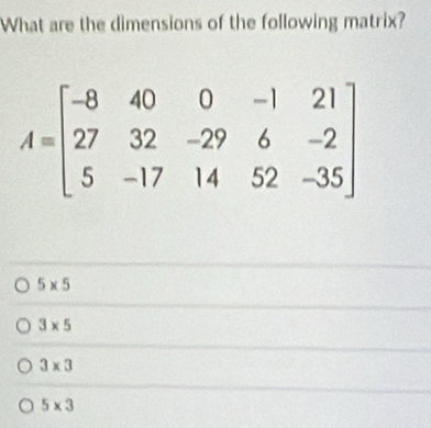 What are the dimensions of the following matrix?
5* 5
3* 5
3* 3
5* 3