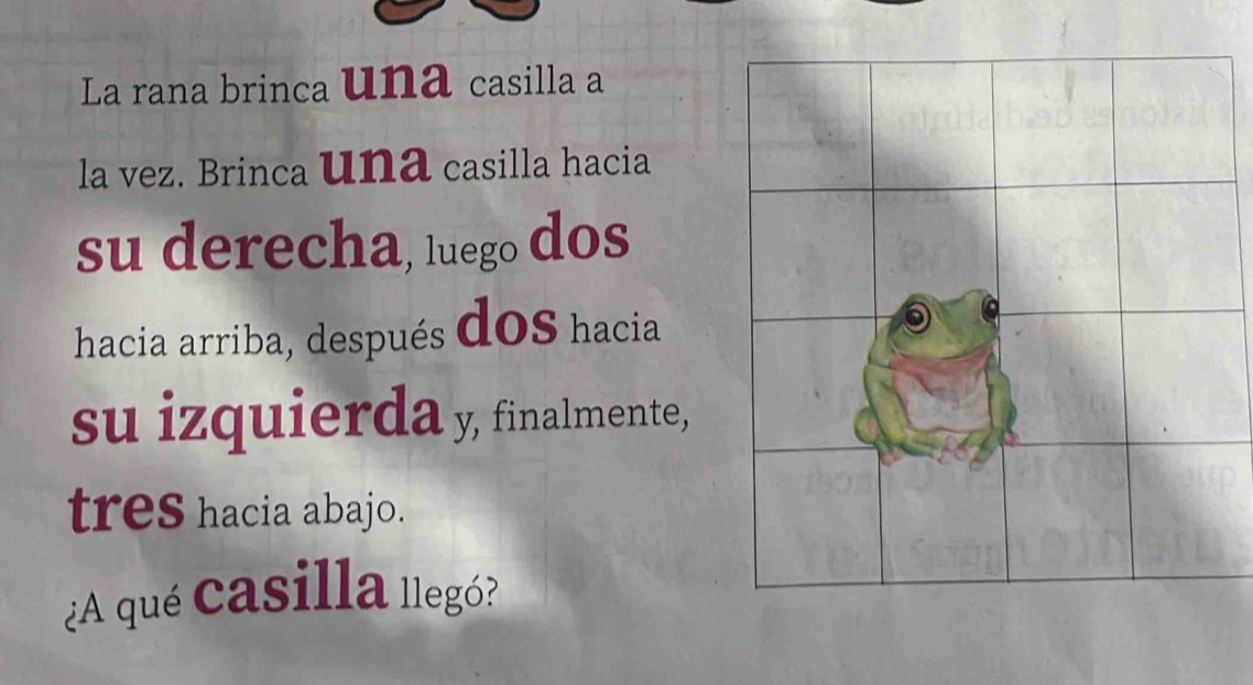 La rana brinca una casilla a 
la vez. Brinca una casilla hacia 
su derecha, luego dos 
hacia arriba, después dOS hacia 
su izquierda y, finalmente, 
tres hacia abajo. 
¿A qué casilla llegó?