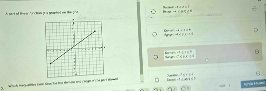 Domain -4
A part of linear function g is graphed on the grid. Range: -7
Domain:
Ranges -4 <5</tex>
Domain
Range =7
-4≤ g(x)≤ 5
Which inequalities best describe the domain and range of the part shown? Range: Domain -7≤ x≤ 6
NEXT 7 REVIEW & SUBMN