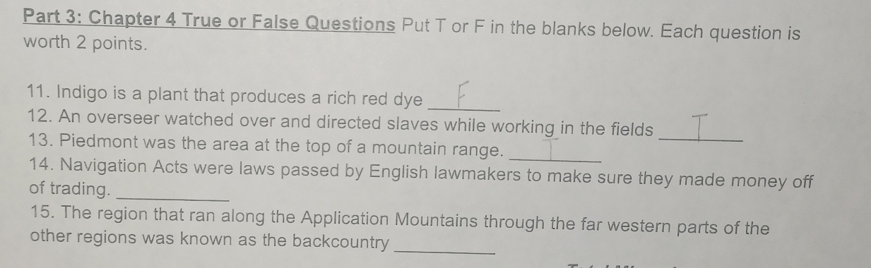 Chapter 4 True or False Questions Put T or F in the blanks below. Each question is 
worth 2 points. 
11. Indigo is a plant that produces a rich red dye_ 
_ 
12. An overseer watched over and directed slaves while working in the fields 
13. Piedmont was the area at the top of a mountain range._ 
14. Navigation Acts were laws passed by English lawmakers to make sure they made money off 
of trading._ 
15. The region that ran along the Application Mountains through the far western parts of the 
other regions was known as the backcountry 
_