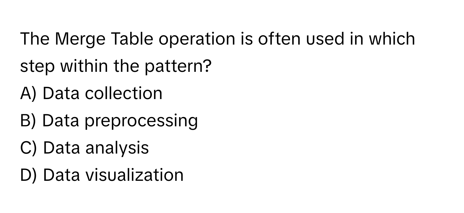 The Merge Table operation is often used in which step within the pattern?

A) Data collection
B) Data preprocessing
C) Data analysis
D) Data visualization