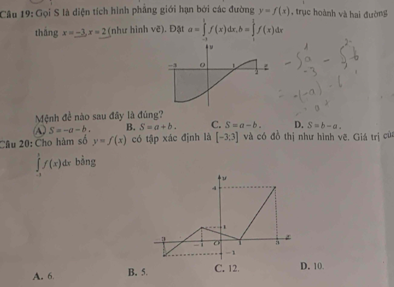 Gọi S là diện tích hình phẳng giới hạn bởi các đường y=f(x) , trục hoành và hai đường
thǎng x=-3, x=2 (như hình ve). Đặt a=∈tlimits _(-1)^1f(x)dx, b=∈tlimits _1^2f(x)dx
Mệnh đề nào sau đây là đúng?
A) S=-a-b. B. S=a+b. C. S=a-b. D. S=b-a. 
Câu 20: Cho hàm số y=f(x) có tập xác định là [-3;3] và có đồ thị như hình vẽ. Giá trị của
∈tlimits _(-3)^3f(x)dx bằng
u
4
1
3
-1 i 3
-1
C. 12.
A. 6 B. 5. D. 10.