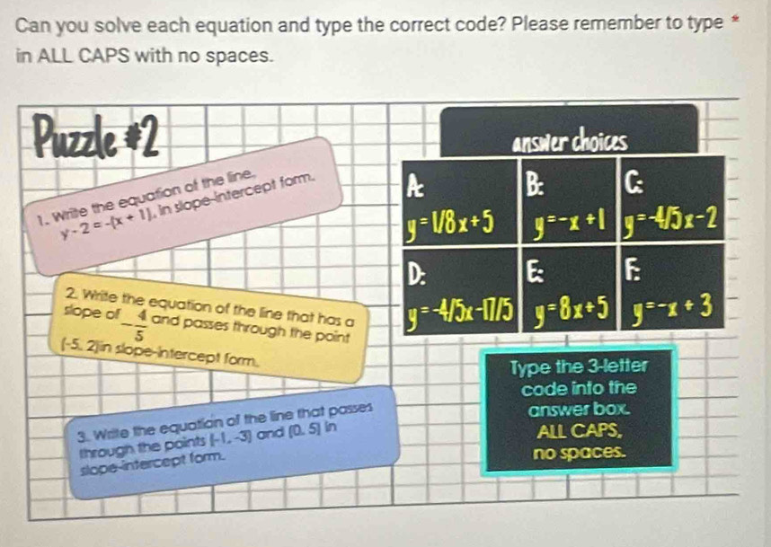 Solved: Can you solve each equation and type the correct code? Please ...