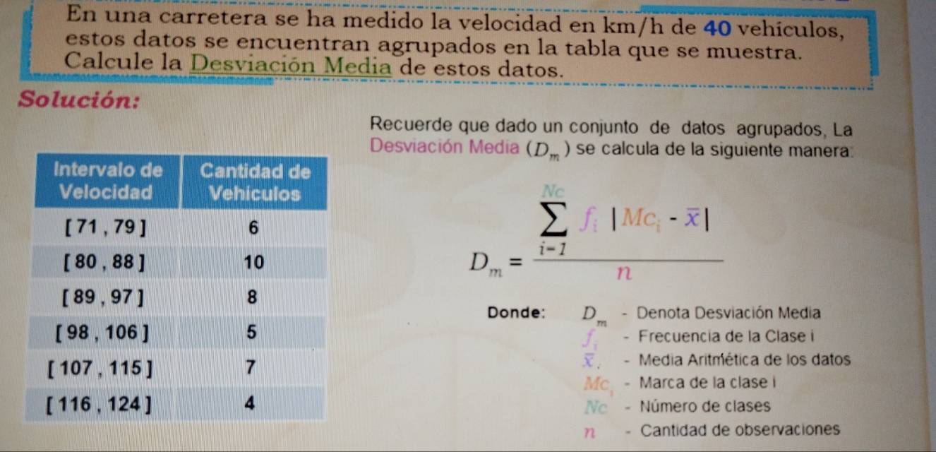 En una carretera se ha medido la velocidad en km/h de 40 vehículos,
estos datos se encuentran agrupados en la tabla que se muestra.
Calcule la Desviación Media de estos datos.
Solución:
Recuerde que dado un conjunto de datos agrupados, La
Desviación Media (D_m) se calcula de la siguiente manera
_D_m=frac (sumlimits _m)^nf|MG|x|-overline x|n
Donde: D_m - Denota Desviación Media
f_1 - Frecuencia de la Clase i
overline x_i^((circ) - Media Aritmética de los datos
MC_1) - Marca de la clase i
Nc - Número de clases
n - Cantidad de observaciones