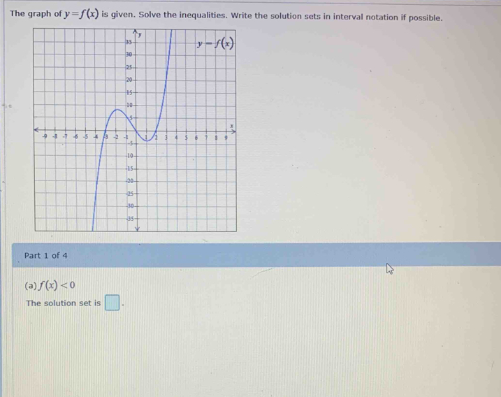 The graph of y=f(x) is given. Solve the inequalities. Write the solution sets in interval notation if possible.
Part 1 of 4
(a) f(x)<0</tex>
The solution set is □ .