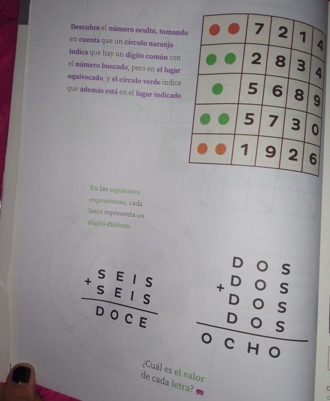 Descubre el número oculto, tomand
4
en cuenta que un círculo naranja
indica que hay un dígito común con
el número buscado, pero en el lugar
equivocado, y el círculo verde indica
que además está en el lugar indicado.
En las siguientes
expresiones, cada
letra representa un
dígito distinto.
beginarrayr SEIS +SEIS hline DOCEendarray beginarrayr 005 +005 005 hline 0cHOendarray
¿Cuál es el valor
de cada letra?
