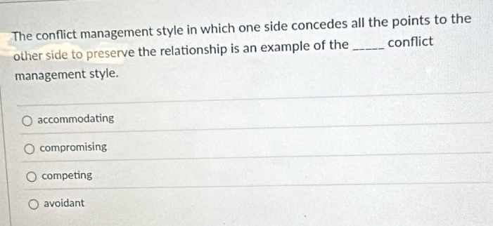 Solved: The conflict management style in which one side concedes all ...