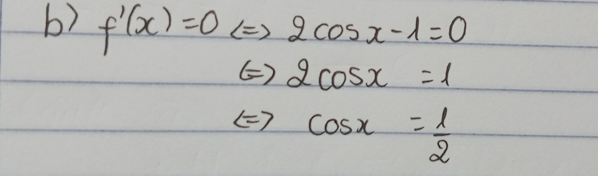 f'(x)=0 ( ) 2cos x-1=0
( ) 2cos x=1
(7 cos x= 1/2 