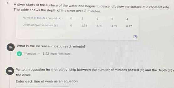 A diver starts at the surface of the water and begins to descend below the surface at a constant rate. 
The table shows the depth of the diver over 5 minutes. 
9a What is the increase in depth each minute? 
√ Increase =1.53 meters/minute
9b Write an equation for the relationship between the number of minutes passed (x) and the depth (y) 
the diver. 
Enter each line of work as an equation.