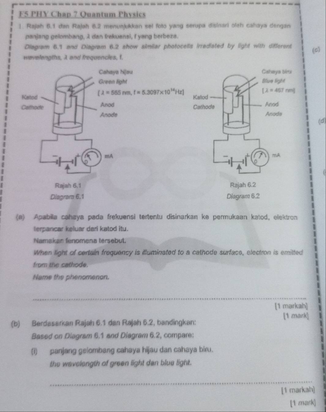 F5 PHY Chap 7 Quantum Physics
1. Rajah 6.1 dan Rajah 6.2 menunjukkan sel foto yang serupa disinari oleh cahaya dengan
panjang gelombang, λ dan frekuensi, f yang berbeza.
Diagram 6.1 and Diagram 6.2 show similar photocells irradiated by light with different
wavelengths, A and frequencles, 1. (c)
(d)
(a) Apabila cahaya pada frekuensi tertentu disinarkan ke permukaan katod, elektron
terpancar keluar dari katod itu.
Namakan fenomena tersebut.
When light of certain frequency is illuminated to a cathode surface, electron is emitted
from the cathode.
Name the phenomenon.
_
[1 markah]
[1 mark]
(b) Berdasarkan Rajah 6.1 dan Rajah 6.2, bandingkan:
Based on Diagram 6.1 and Diagram 6.2, compare:
(i) panjang gelombang cahaya hijau dan cahaya biru.
the wavelength of green light dan blue light.
_
[1 markah]
[1 mark]