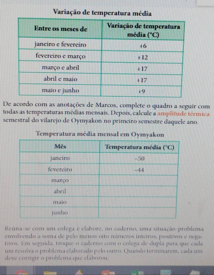 Variação de temperatura média
De acordo com as anotações de Marcos, complete o quadro a seguir com
todas as temperaturas médias mensais. Depois, calcule a amplitude térmica
semestral do vilarejo de Oymyakon no primeiro semestre daquele ano.
Temperatura média mensal em Oymyakon
Reúna-se com um colega e elabore, no caderno, uma situação-problema
envolvendo a soma de pelo menos oito números inteiros, positivos e nega-
tivos. Em seguida, troque o caderno com o colega de dupla para que cada
um resolva o problema elaborado pelo outro. Quando terminarem, cada um
deve corrigir o problema que elaborou.