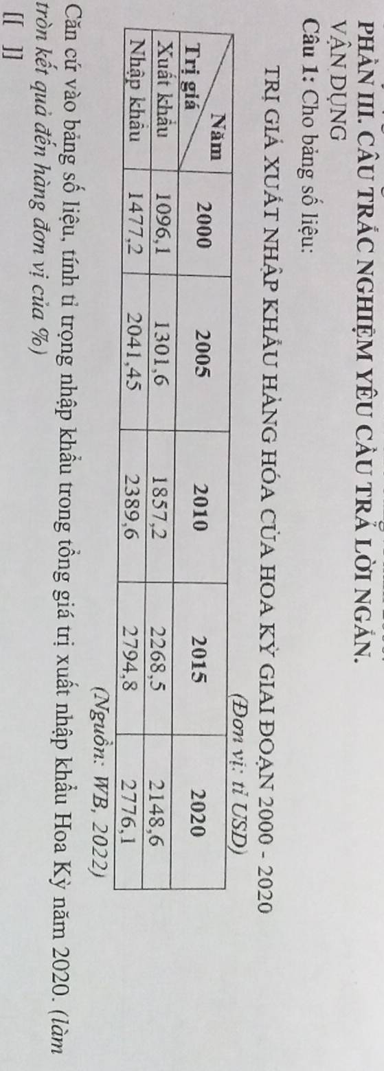 PHAN III. CÂU TRÁC NGHIỆM YÊU CÂU TRẢ LờI NGẢN. 
vậN DụNG 
Câu 1: Cho bảng số liệu: 
TRị GIẢ XUÁT NHậP KHÂU HẢNG HÓA CủA HOA KỲ GIAI ĐOẠN 2000 - 2020 
(Nguồn: WB, 2022) 
Căn cứ vào bảng số liệu, tính tỉ trọng nhập khẩu trong tồng giá trị xuất nhập khẩu Hoa Kỳ năm 2020. (làm 
tròn kết quả đến hàng đơn vị của %) 
[[ ]]