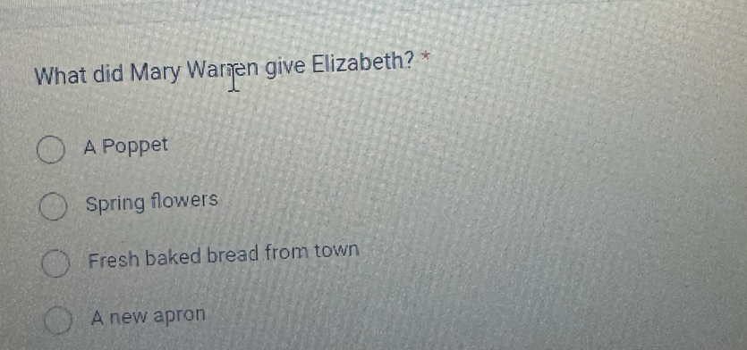 What did Mary Waren give Elizabeth? *
A Poppet
Spring flowers
Fresh baked bread from town
A new apron