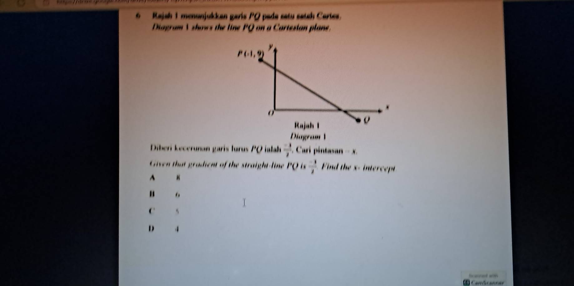 Rajah 1 menunjukkan garis PQ pada setu sateh Cartes.
Diagram V shows the line PQ on a Carteslan plane.
Diagram V
Diberi kecerunan garis lurus PQ ialah  (-1)/2 . Cari pintasan -x_1
Given that gradient of the straight-line PO i  (-1)/2  Find the x- intercet
^
" 6
C s
D  4
lcanned with 
d Camöcanner