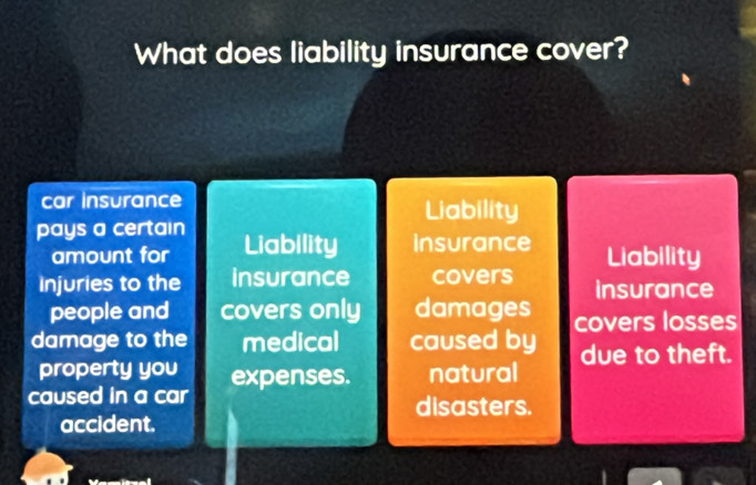 What does liability insurance cover?
car insurance Liability
pays a certain Liability insurance Liability
amount for
Injuries to the insurance covers insurance
people and covers only damages
damage to the medical caused by covers losses
due to theft.
property you
caused in a car expenses. natural
disasters.
accident.