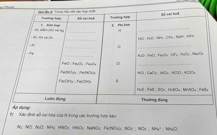 Xác định số oxi hóa của N trong các trường hợp sau:
N_2: NO; N_2O; NH₃; HNO_2;HNO_3; NaNO_2;Fe(NO_3)_2;NO_2^(-;NO_3);NH_4^(+;NH_4)Cl