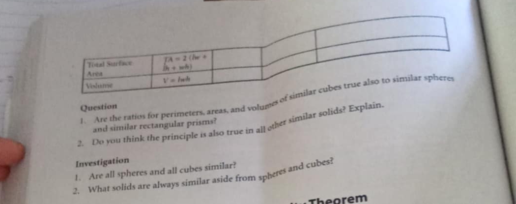 Are the ratios for perimeters, areas, and volumes 
Question
2. Do you think the principle is also true in all other similar solids? Explain.
and similar rectangular prisms?
Investigation
1. Are all spheres and all cubes similar?
2. What solids are always similar aside from spheres and cubes?
Theorem