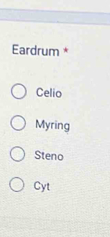 Eardrum *
Celio
Myring
Steno
Cyt