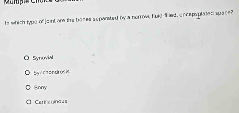 Multipie Chol
In which type of joint are the bones separated by a narrow, fluid-filled, encapsulated space?
Synovial
Synchondrosis
Bony
Cartilaginous