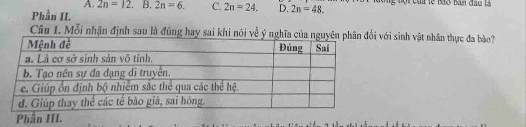 Đội của tế bao ban đầu là
A. 2n=12. B. 2n=6. C. 2n=24. D. 2n=48. 
Phần II.
Câu 1. Mỗi nhận định sau là đúng hay sai khi nói về với sinh vật nhân thực đa bảo?
Phần III.