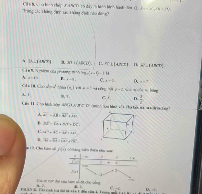 =7+1+1
Cầu 8. Cho hình chóp S ABCD có đảy là hình binh hành tâm O, SA=SC, SB=SD. 
Trong các khẳng định sau khẳng định nào đúng?
A. SA⊥ (ABCD). B. SO⊥ (ABCD). C. SC⊥ (ABCD). D. SB⊥ (ABCD). 
Câu 9, Nghiệm của phương trình log _2(x-1)=3la
A. x=10. B. x=8. C. x=9. D. x=7
Câu 10. Cho cấp số nhân (a_n) với u_1=3 và công bội q=2 Giả trị của 2, bằng
A. 8 B. 9. C. 6. D.  3/2 . 
Câu 11. Cho hình hộp ABCD. A'B'C'D' (minh hoa hình vẽ . Phát biểu nào san đây là đồng
A. overline AC=overline AB+overline AB+overline AD.
B. overline DB=overline DA+overline DD+overline DC.
C. vector AC=vector AC+vector AB+vector AD
D. overline DH=overline D+overline DDD+overline DC
u 12, Cho hàm số f(x) có bảng biên thiên như sau:
z x. -2 3 f(x)
f(2) 0 + α
f(2)
2
-1
-∞
Giả trị cực đại của hàm số đã cho hếng
A. 3. B. 2. C. -2 D. -①.
PHẢN II. Thi sinh trà lời từ cầu 1 đến cầu 4. Trong mỗi ý ai, hị