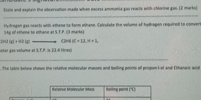 State and explain the observation made when excess ammonia gas reacts with chlorine gas. (2 marks)
_
__
Hydrogen gas reacts with ethene to form ethane. Calculate the volume of hydrogen required to convert
14g of ethene to ethane at S.T.P. (3 marks)
2H2(g)+H2(g) C2H6(C=12,H=1,
olar gas volume at 5.T.P. is 22.4 litres)
_
_
. The table below shows the relative molecular masses and boiling points of propan-I-ol and Ethanoic acid