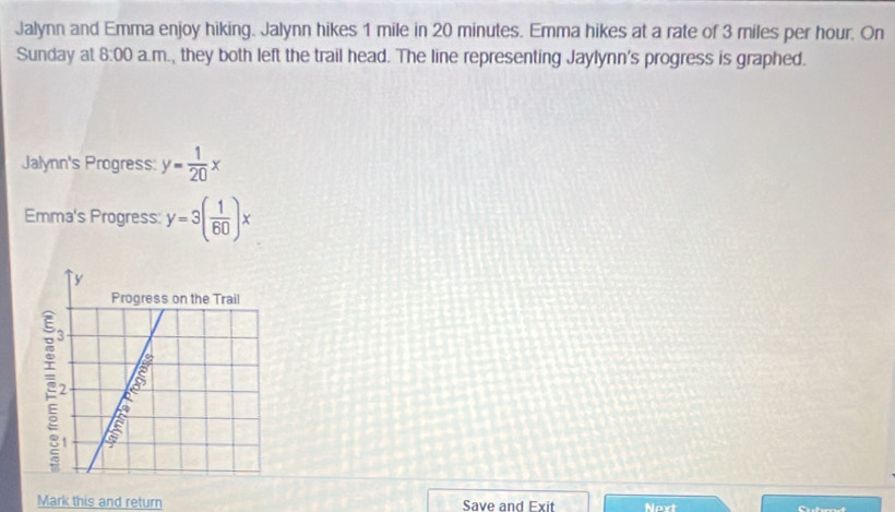 Jalynn and Emma enjoy hiking. Jalynn hikes 1 mile in 20 minutes. Emma hikes at a rate of 3 miles per hour. On 
Sunday at 8:00 a.m., they both left the trail head. The line representing Jaylynn's progress is graphed. 
Jalynn's Progress: y= 1/20 x
Emma's Progress: y=3( 1/60 )x
Mark this and return Save and Exit Novt