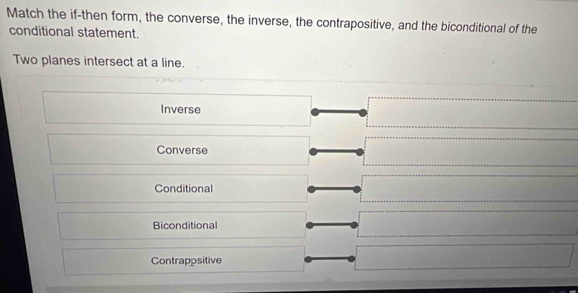 Match the if-then form, the converse, the inverse, the contrapositive, and the biconditional of the
conditional statement.
Two planes intersect at a line.
Inverse
Converse
Conditional
Biconditional
Contrappsitive