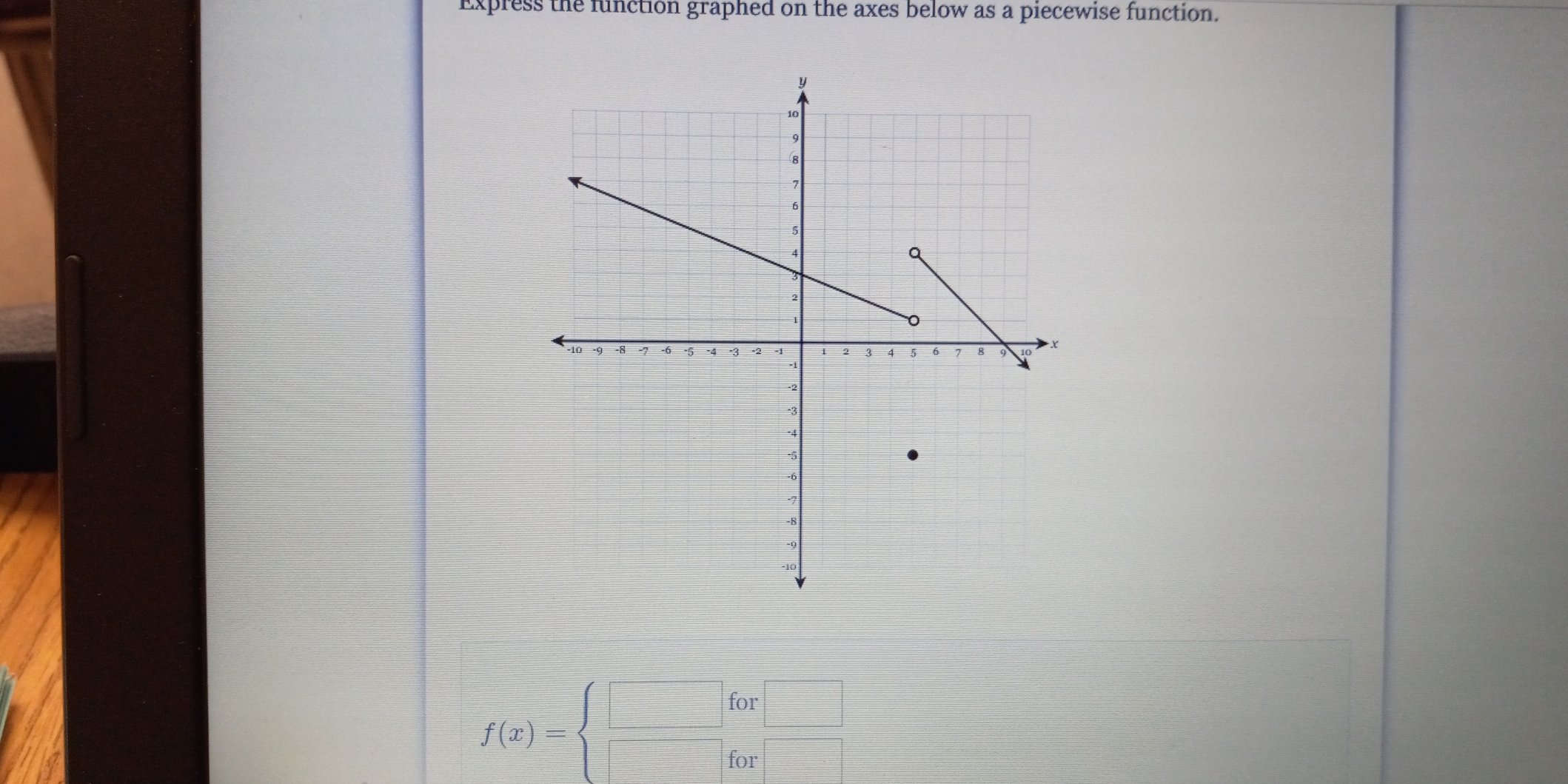 Express the function graphed on the axes below as a piecewise function.
f(x)=beginarrayl □ for□  □ for□ endarray.