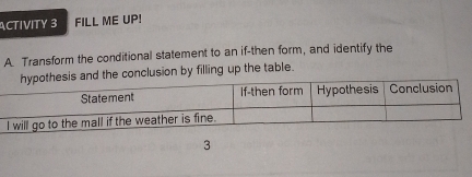 ACTIVITY 3 FILL ME UP! 
A. Transform the conditional statement to an if-then form, and identify the 
conclusion by filling up the table. 
3