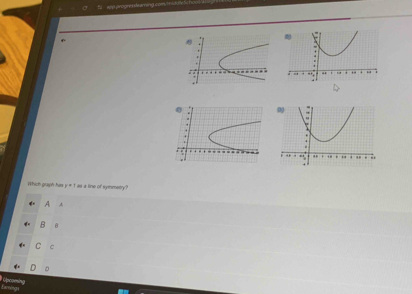 app roresslearning.com/middle Schoolass h t 
C 
. 
. 
' 
. . × × « 20 2 
Which graph has y=1 as a line of symmetry? 
A A 
B B 
C C 
D 
Upcoming 
Earnings