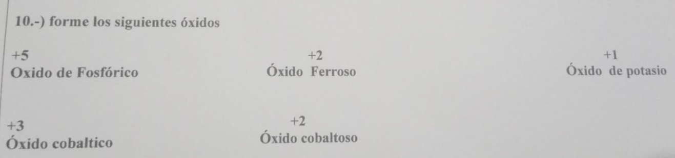 10.-) forme los siguientes óxidos
+5
+2
+1
Oxido de Fosfórico Óxido Ferroso Óxido de potasio
+3
+2
Óxido cobaltico 
Óxido cobaltoso