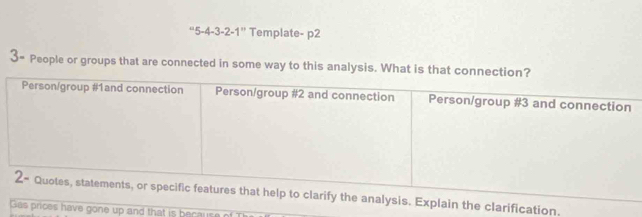 ''5-4-3-2-1'' Template- p2
3= People or groups that are connected in some way to this analysis. What is that connection?
rification.
e gone up and that is because n