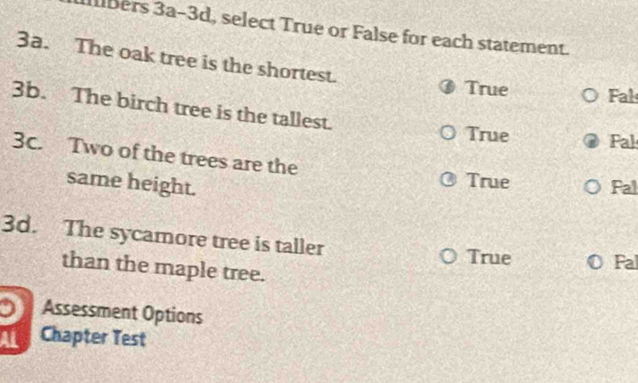 Illbers 3a-3d, select True or False for each statement.
3a. The oak tree is the shortest.
True Fal
3b. The birch tree is the tallest.
True Pal
3c. Two of the trees are the
True
same height. Fal
3d. The sycamore tree is taller
True Fal
than the maple tree.
Assessment Options
Al Chapter Test