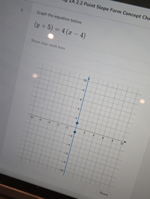 1A 2.2 Point Slope Form Concept Che 
3 Graph the equation below.
(y+5)=4(x-4)
Show your work here 
Reset