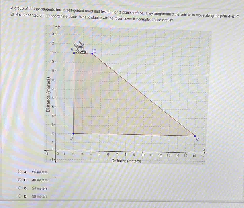 A group of college students built a self-guided rover and tested it on a plane surface. They programmed the vehicle to move along the path A-B-C-
D--A represented on the coordinate plane. What distance will the rover cover if it completes one circuit?
A. 36 meters
B. 40 meters
C. 54 meters
D. 60 meters