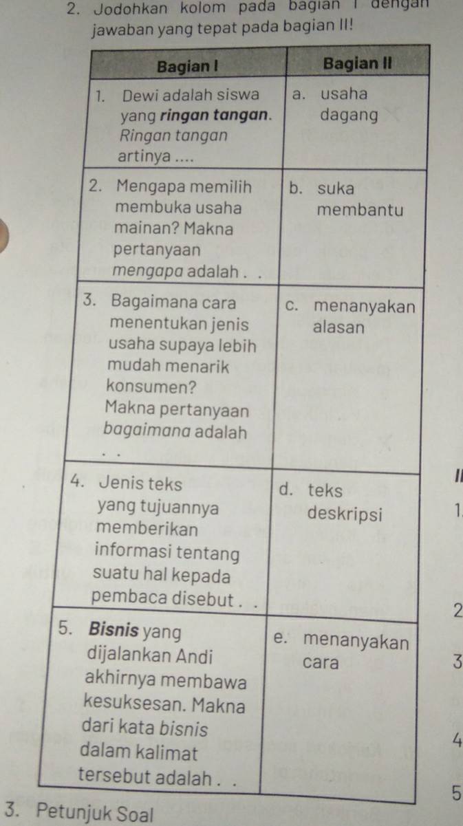 Jodohkan kolom pada bagian I dengan 
jawaban yang tepat pada bagian II! 
1 
2 
3 
4 
5 
3. Petunjuk Soal