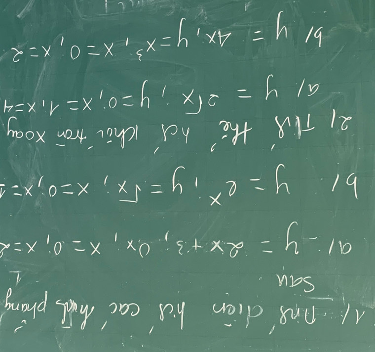 A1 nng cliān hc cal hd phòng 
San 
1 
al y=2x+3; 0x, x=0; x=2
b1 y=e^x, y=sqrt(x), x=0, x=1
21 T8 thē hǎ chāo tron xoay 
al y=2sqrt(x), y=0, x=1, x=4
b1 y=4x, y=x^3, x=0, x=2