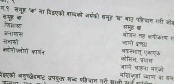 न.१ समूह 'क' मा दिइएको शब्दको अर्थको समूह 'ख' बाट पहिचान गरी जोड 
समूह क 
समुह ख 
जिज्ञासा ओजन तह क्षयीकरण ग 
अनायास 
सनासो 
जान्ने इच्छा 
अकस्मात् एकाएक 
क्लोरोफ्लोरो कार्बन कोसिस, प्रयास 
जान्ने चाहना भएको 
दइएको अनुच्छेदबाट उपयुक्त शब्द पहिचान गरी खाली मज प भाॉडाकुडाँ च्याप्न वा समा