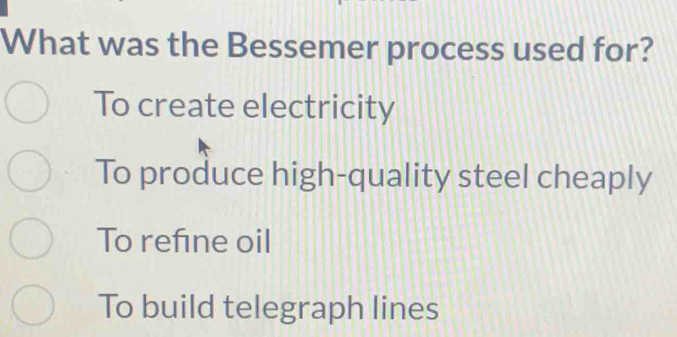 What was the Bessemer process used for?
To create electricity
To produce high-quality steel cheaply
To refine oil
To build telegraph lines