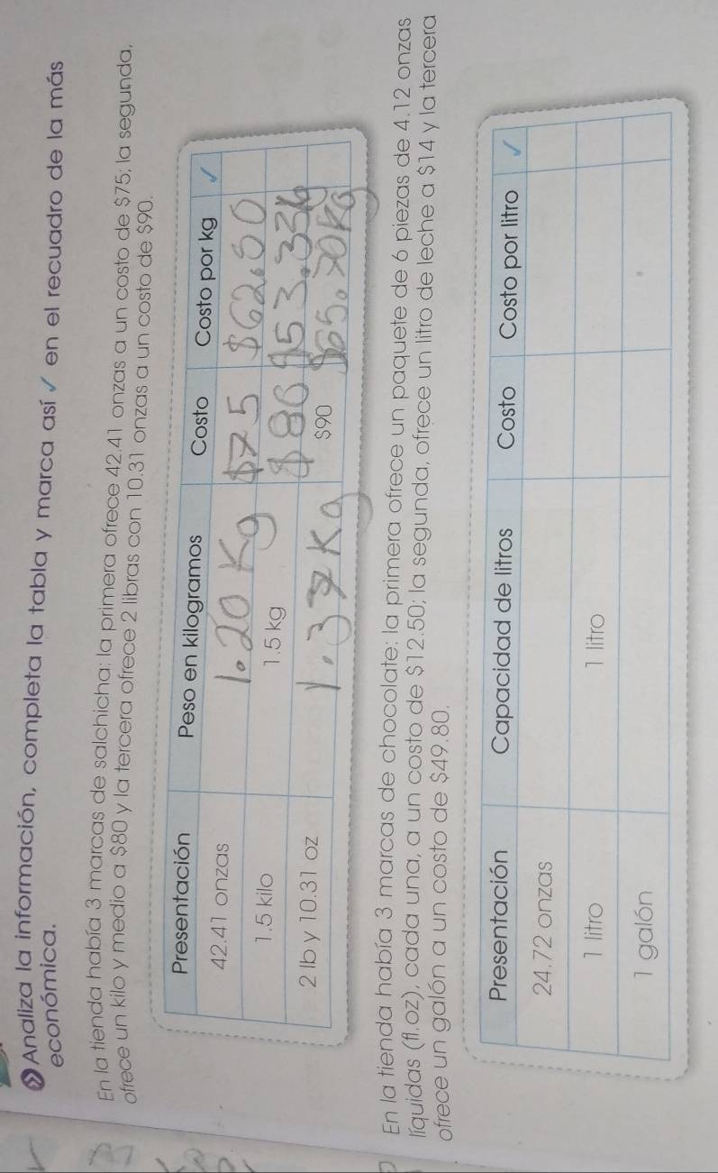 « Analiza la información, completa la tabla y marca así / en el recuadro de la más 
económica. 
En la tienda había 3 marcas de salchicha: la primera ofrece 42.41 onzas a un costo de $75; la segunda, 
ofrece un kilo y medio a $80 y la tercera ofrece 2 libras con 10.31 onzas a un costo de $90. 
En la tienda había 3 marcas de chocolate: la primera ofrece un paquete de 6 piezas de 4.12 onzas 
líquidas (fl.oz), cada una, a un costo de $12.50; la segunda, ofrece un litro de leche a $14 y la tercera 
ofrece un galón a un costo de $49.80.