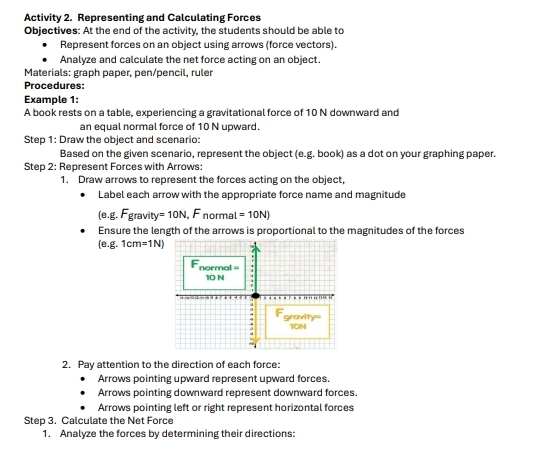 Activity 2. Representing and Calculating Forces 
Objectives: At the end of the activity, the students should be able to 
Represent forces on an object using arrows (force vectors). 
Analyze and calculate the net force acting on an object. 
Materials: graph paper, pen/pencil, ruler 
Procedures: 
Example 1: 
A book rests on a table, experiencing a gravitational force of 10 N downward and 
an equal normal force of 10 N upward. 
Step 1: Draw the object and scenario: 
Based on the given scenario, represent the object (e.g. book) as a dot on your graphing paper. 
Step 2: Represent Forces with Arrows: 
1. Draw arrows to represent the forces acting on the object, 
Label each arrow with the appropriate force name and magnitude 
(e. g.Fgravity=10N,Fnormal=10N)
Ensure the length of the arrows is proportional to the magnitudes of the forces 
(e. g.1cm=1N)
2. Pay attention to the direction of each force: 
Arrows pointing upward represent upward forces. 
Arrows pointing downward represent downward forces. 
Arrows pointing left or right represent horizontal forces 
Step 3. Calculate the Net Force 
1. Analyze the forces by determining their directions: