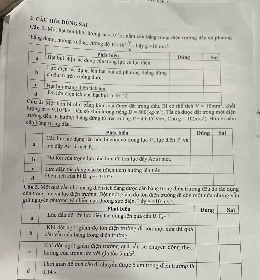 CÂU HỏI đÚNG SAi
Câu 1. Một hạt bụi khối lượng m=10^(-8)g , nằm cân bằng trong điện trường đều có phương
thẳắng đứng, hướng
ng kim loại được đặt trong dầu. Bi có thể tích V=10mm^3 , khối
lượng m=9.10^(-5)kg :. Dầu có khối lượng riêng D=800(kg/m^3).  Tất cả được đặt trong một điện
trường đều, E hướng thắng đứng từ trên xuống E=4,1· 10^5V/m , Cho g=10(m/s^2). Hòn bi nằm
cân bằng tro
t
ng được cân bằng trong điện trường đều do tác dụng
của trọng lực và lực điện trường. Đột ngột giảm độ lớn điện trường đi còn một nửa nhưng vẫn