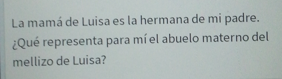 La mamá de Luisa es la hermana de mi padre. 
¿Qué representa para mí el abuelo materno del 
mellizo de Luisa?