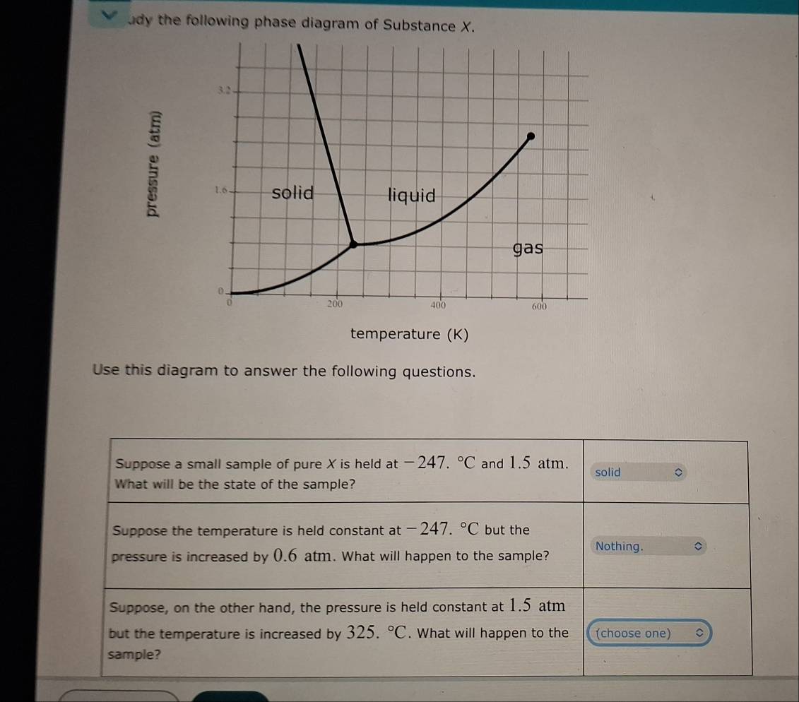 udy the following phase diagram of Substance X.
Use this diagram to answer the following questions.
Suppose a small sample of pure X is held at -247.^circ C and 1.5 atm. solid
What will be the state of the sample?
Suppose the temperature is held constant at -247.^circ C but the
pressure is increased by 0.6 atm. What will happen to the sample? Nothing.
Suppose, on the other hand, the pressure is held constant at 1.5 atm
but the temperature is increased by 325.^circ C. What will happen to the (choose one)
sample?