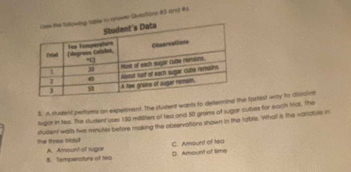 to answer Questions #5 and #6.
S. A student performs an experiment. The student wants to determine fastest way to dissolve
sugar in tea. The student uses 150 milliliters of tea and 50 grams of sugar cubes for each trial. The
student walts two minutes before making the observations shown in the table. What is the variable in
the three trials?
A. Amount of sugar C. Amount of tea
B. Temperature of tea D. Amount of time