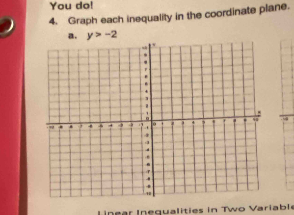 You do! 
4. Graph each inequality in the coordinate plane. 
a. y>-2. 40
L inear Inequalities in Two Variable